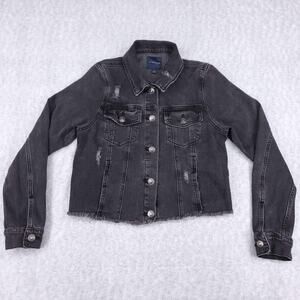Just USA Cropped Denim Jacket Womens S Black Distressed Raw Hem Grunge Trendy